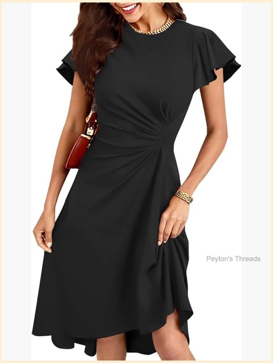 Dresses & Skirts - Ruffle Sleeve Ruched Waist High Low Midi Cocktail Dress